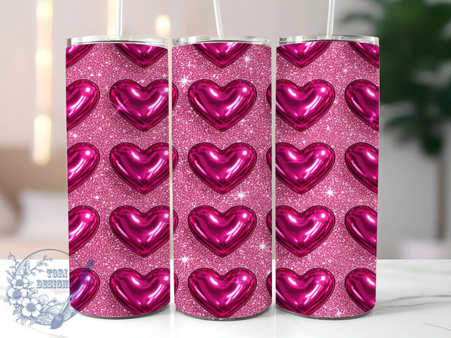 3D Puffy Metallic Heart Tumbler, Puffy Metallic Pattern, Inflated Valentine Hearts Design, 20Oz Sublimation Wrap, Shiny Romantic Art, Seamless Heart Texture, Tumbler Sublimatio Sublimation ToriDesigns 