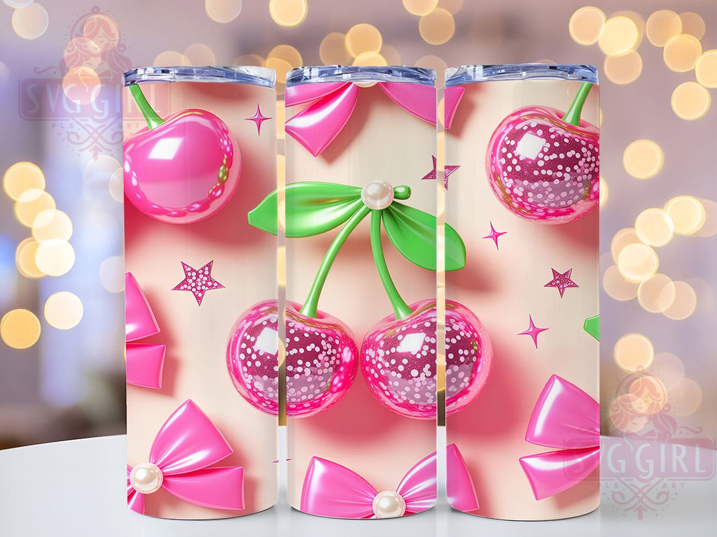 3D Puffy Pink Coquette Bow Tumbler, Pink Glitter Bows, 3D Cherry Bow ...