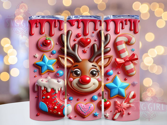 3D Puffy Pink Reindeer Tumbler, Pink Christmas Wrap, Cute Holiday Mug Design, Sublimation Wrap, Festive Drinkware, Adorable Winter Gift, Sparkly Christmas Cup Sublimation SvggirlplusArt 