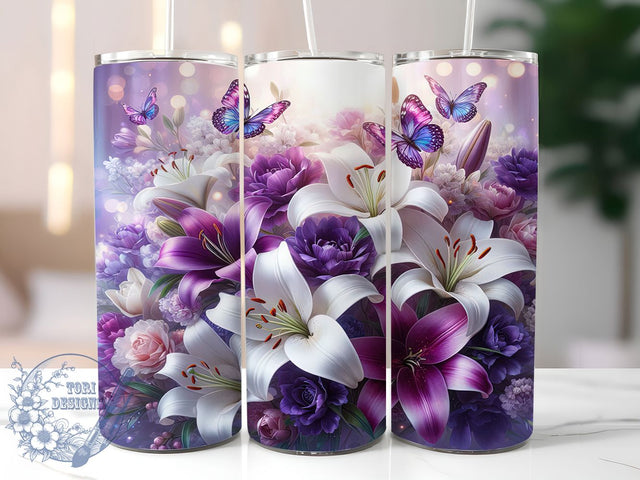 3D Purple Butterfly Floral Tumbler, Butterfly Tumbler Design, Purple Floral Art, 20Oz Sublimation Wrap, 3D Butterfly Print, Elegant Purple Flowers, Tumbler Sublimation Sublimation ToriDesigns 