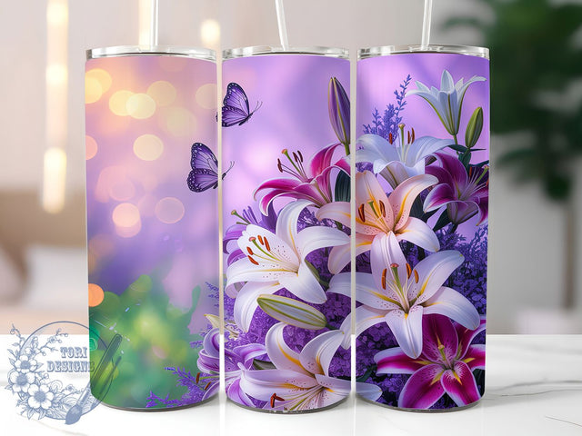 3D Purple Butterfly Floral Tumbler, Butterfly Tumbler Design, Purple Floral Art, 20Oz Sublimation Wrap, 3D Butterfly Print, Elegant Purple Flowers, Tumbler Sublimation Sublimation ToriDesigns 