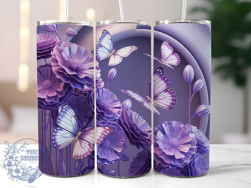 3D Purple Butterfly Tumbler, Purple Wings, Elegant Design, Nature Theme, Vibrant Pattern, 20Oz Tumbler, Sublimation Wrap Sublimation ToriDesigns 
