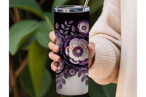 3D Purple Floral 20oz Tumbler Wrap Sublimation DesignSVG 