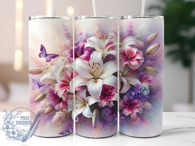 3D Purple Floral Butterfly Tumbler, Purple Floral, Elegant Design, Nature Theme, Vibrant Pattern, 20Oz Tumbler, Sublimation Wrap Sublimation ToriDesigns 