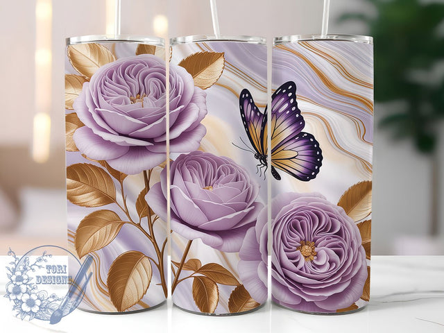 3D Purple Roses Butterfly Tumbler Wrap, Butterfly Floral Sublimation, Elegant Flower Tumbler Wrap, 20oz Skinny Tumbler Wrap, Romantic Floral Drinkware, Purple Rose Butterfly Design, Beautiful Garden Sublimat Sublimation ToriDesigns 