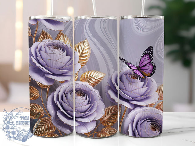 3D Purple Roses Butterfly Tumbler Wrap, Butterfly Floral Sublimation, Elegant Flower Tumbler Wrap, 20oz Skinny Tumbler Wrap, Romantic Floral Drinkware, Purple Rose Butterfly Design, Beautiful Garden Sublimat Sublimation ToriDesigns 