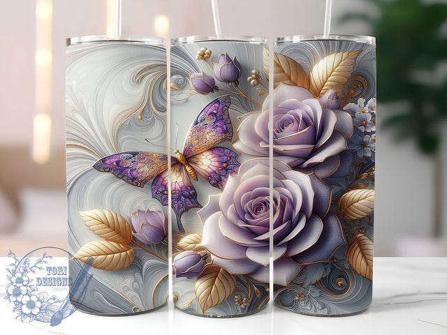 3D Purple Roses Butterfly Tumbler Wrap, Butterfly Floral Sublimation, Elegant Flower Tumbler Wrap, 20oz Skinny Tumbler Wrap, Romantic Floral Drinkware, Purple Rose Butterfly Design, Beautiful Garden Sublimat Sublimation ToriDesigns 