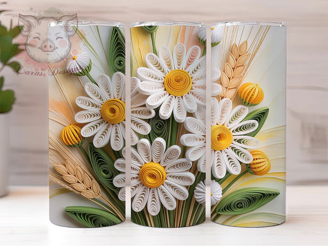 3D Quilling Daisy Floral 20oz Tumbler, White Daisies, Golden Yellow Centers, Floral Pattern, Elegant Design, 20oz Tumbler Wrap, Sublimation PNG Sublimation Lara' s Designs 