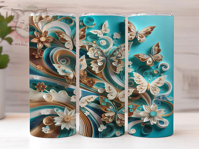 3D Quilling Floral Butterfly Tumbler, Quilling Floral Wrap, 20Oz Skinny Tumbler, Paper Art Sublimation, Elegant Butterfly Design, Whimsical Flower Tumbler, Nature-Inspired Wrap Sublimation Lara' s Designs 