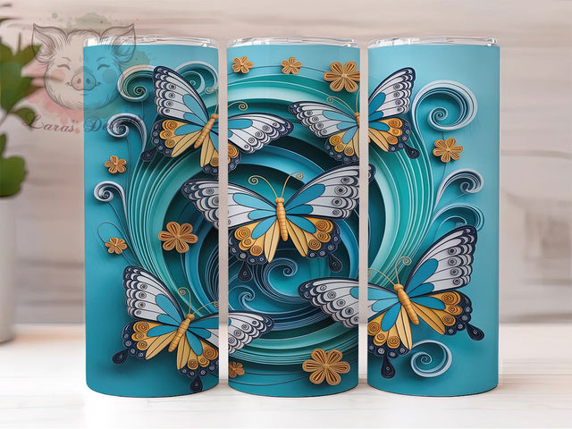 3D Quilling Floral Butterfly Tumbler, Quilling Floral Wrap, 20Oz Skinny Tumbler, Paper Art Sublimation, Elegant Butterfly Design, Whimsical Flower Tumbler, Nature-Inspired Wrap Sublimation Lara' s Designs 