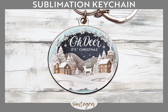 3D Quote Oh Deer, It's Christmas Round Keychain Sublimation Sublimation Sintegra 