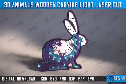 3D Rabbit Wooden Carving Light | LED Night Light | Animal Figurines | CNC File SVG Fly Design 