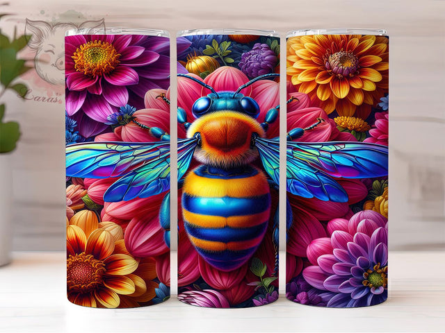 3D Rainbow Bee Tumbler, Rainbow Colors, Floral Art, Nature Theme, Vibrant Design, 20Oz Tumbler, Sublimation Wrap Sublimation Lara' s Designs 