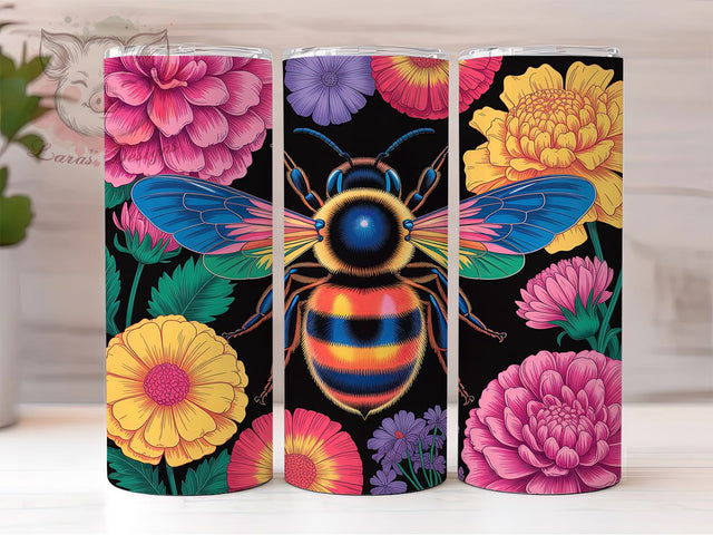 3D Rainbow Bee Tumbler, Rainbow Colors, Floral Art, Nature Theme, Vibrant Design, 20Oz Tumbler, Sublimation Wrap Sublimation Lara' s Designs 