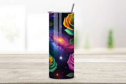 3D Rainbow Galaxy Rose Seamless Tumbler Wrap, Multicolor Roses with Cosmic Effects, seamless tumbler wrap, rainbow rose design, galaxy floral wrap, multicolor cosmic roses, watercolor rainbow design, 20oz skinny tumbler Sublimation FloridPrintables 
