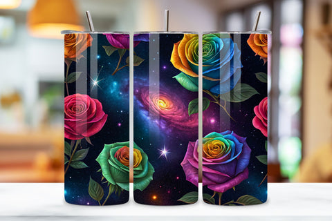 3D Rainbow Galaxy Rose Seamless Tumbler Wrap, Multicolor Roses with Cosmic Effects, seamless tumbler wrap, rainbow rose design, galaxy floral wrap, multicolor cosmic roses, watercolor rainbow design, 20oz skinny tumbler Sublimation FloridPrintables 