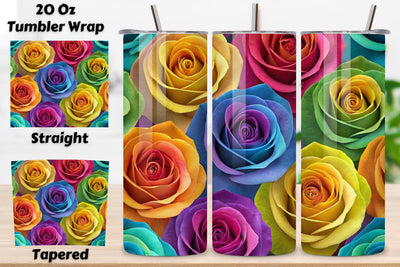 3D Rainbow Rose Seamless Tumbler Wrap, Multicolor 3D Roses, seamless tumbler wrap, rainbow rose design, multicolor floral wrap, 3d rose design, watercolor rainbow design, 20oz skinny tumbler, tapered tumbler wrap, straight tumbler design Sublimation FloridPrintables 
