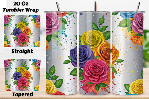 3D Rainbow Splash Rose Seamless Tumbler Wrap, Multicolor Roses with Splash Effects, seamless tumbler wrap, rainbow rose design, multicolor floral wrap, splash effect roses, watercolor rainbow design, 20oz skinny tumbler, tapered tumbler wrap Sublimation FloridPrintables 