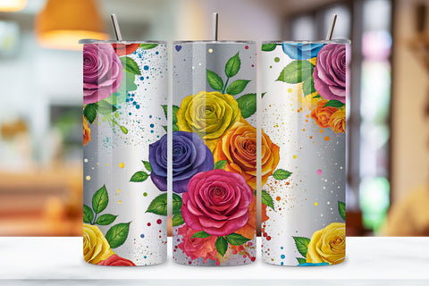 3D Rainbow Splash Rose Seamless Tumbler Wrap, Multicolor Roses with Splash Effects, seamless tumbler wrap, rainbow rose design, multicolor floral wrap, splash effect roses, watercolor rainbow design, 20oz skinny tumbler, tapered tumbler wrap Sublimation FloridPrintables 