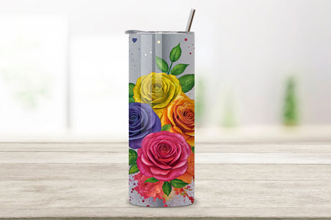 3D Rainbow Splash Rose Seamless Tumbler Wrap, Multicolor Roses with Splash Effects, seamless tumbler wrap, rainbow rose design, multicolor floral wrap, splash effect roses, watercolor rainbow design, 20oz skinny tumbler, tapered tumbler wrap Sublimation FloridPrintables 