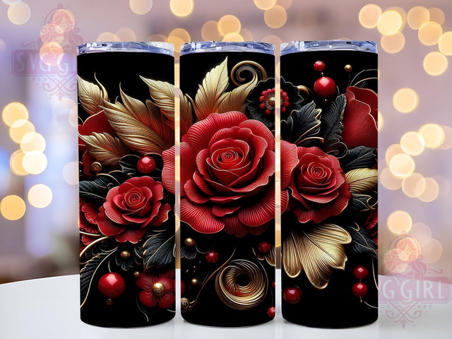 3D Red & Black Rose 20oz Floral Tumbler, Sparkly Butterflies Cup, Floral Drinkware, 20oz Sublimation, Gold Floral Wrap, Seamless Design Tumbler, Custom Butterfly Drinkware Sublimation SvggirlplusArt 