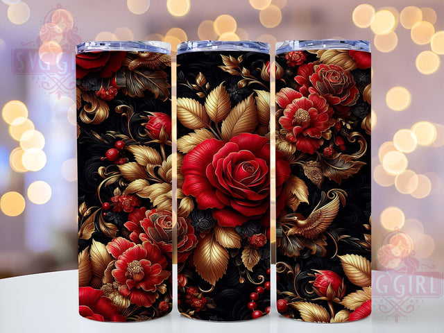 3D Red & Black Rose 20oz Floral Tumbler, Sparkly Butterflies Cup, Floral Drinkware, 20oz Sublimation, Gold Floral Wrap, Seamless Design Tumbler, Custom Butterfly Drinkware Sublimation SvggirlplusArt 