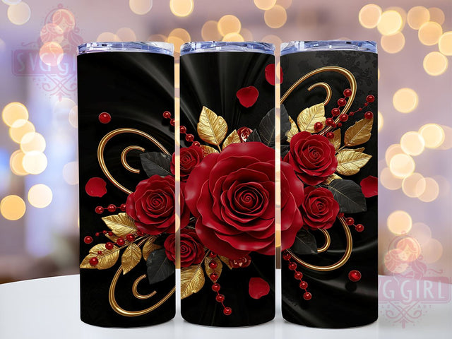 3D Red & Black Rose 20oz Floral Tumbler, Sparkly Butterflies Cup, Floral Drinkware, 20oz Sublimation, Gold Floral Wrap, Seamless Design Tumbler, Custom Butterfly Drinkware Sublimation SvggirlplusArt 