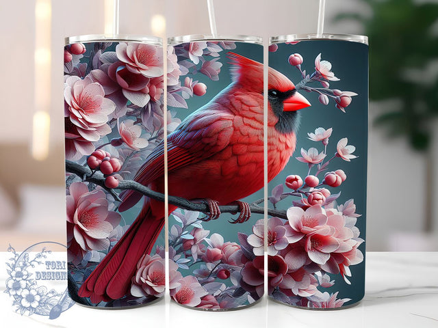 3D Red Cardinal Floral Tumbler, Red Bird Floral Wrap, Cute Cardinal Cup, Nature Sublimation Design, Valentine Gift Tumbler, Sweet Cardinal Flowers Wrap, Adorable Bird Cup Sublimation ToriDesigns 