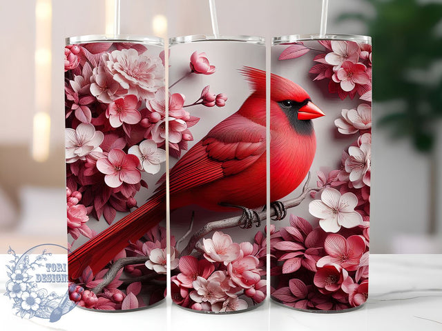 3D Red Cardinal Floral Tumbler, Red Bird Floral Wrap, Cute Cardinal Cup, Nature Sublimation Design, Valentine Gift Tumbler, Sweet Cardinal Flowers Wrap, Adorable Bird Cup Sublimation ToriDesigns 