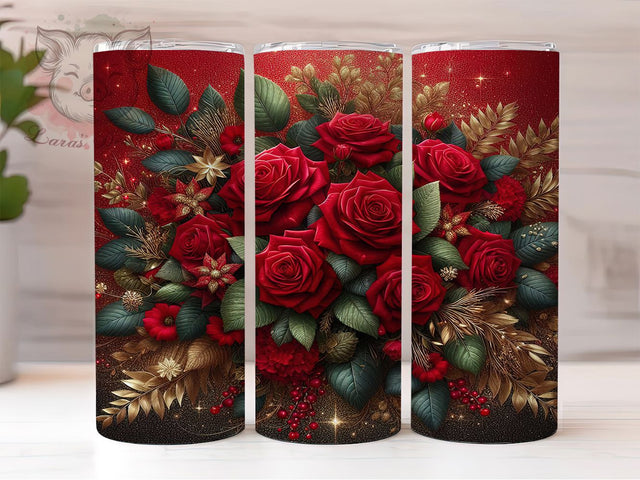 3D Red Glitter Rose Tumbler, Sparkling Rose Tumbler, 20Oz Sublimation, Glitter Rose Printable, Red Floral Design, Shiny Rose Wrap, Elegant 3D Flower Art Sublimation Lara' s Designs 