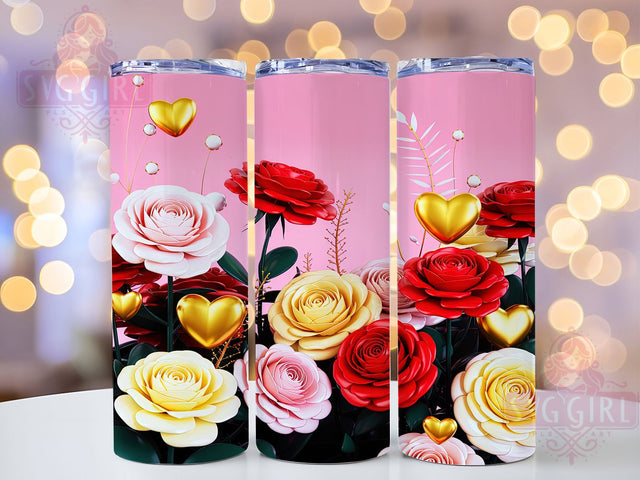3D Red Gold Rose Tumbler, Red Gold Floral Wrap, Elegant Heart Mug Design, Sublimation Wrap, Romantic Drinkware, Gift Idea For Her, Sparkly Floral Cup Sublimation SvggirlplusArt 