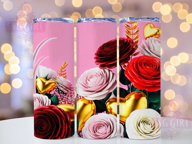3D Red Gold Rose Tumbler, Red Gold Floral Wrap, Elegant Heart Mug Design, Sublimation Wrap, Romantic Drinkware, Gift Idea For Her, Sparkly Floral Cup Sublimation SvggirlplusArt 