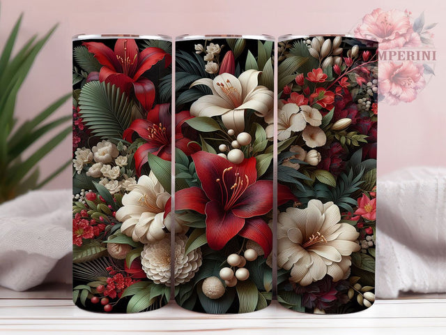 3D Red Green Floral Tumbler, Red And Green, Seamless Pattern, Romantic Theme, Elegant Art, 20Oz Tumbler, Sublimation Wrap Sublimation Li Zamperini 