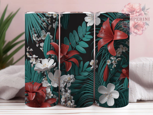 3D Red Green Floral Tumbler, Red And Green, Seamless Pattern, Romantic Theme, Elegant Art, 20Oz Tumbler, Sublimation Wrap Sublimation Li Zamperini 