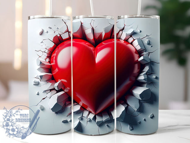 3D Red Heart Tumbler, Hole In Wall Wrap, Romantic Heart Cup, 20oz Sublimation Wrap, Stylish Valentine Design Tumbler, Artistic 3D Heart Cup, Unique Love Theme Wrap Sublimation ToriDesigns 
