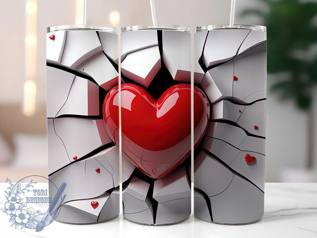 3D Red Heart Tumbler, Hole In Wall Wrap, Romantic Heart Cup, 20oz Sublimation Wrap, Stylish Valentine Design Tumbler, Artistic 3D Heart Cup, Unique Love Theme Wrap Sublimation ToriDesigns 