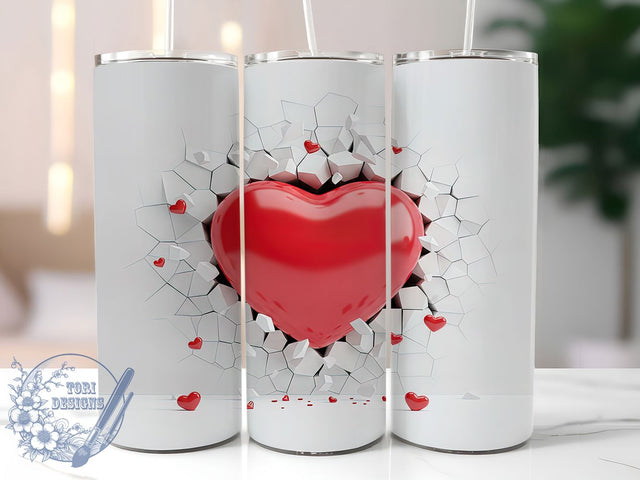 3D Red Heart Tumbler, Hole In Wall Wrap, Romantic Heart Cup, 20oz Sublimation Wrap, Stylish Valentine Design Tumbler, Artistic 3D Heart Cup, Unique Love Theme Wrap Sublimation ToriDesigns 