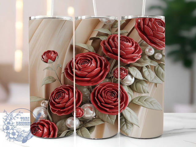 3D Red Rose Floral Tumbler, Floral Wrap Design, Elegant Rose Sublimation, Romantic Flower Cup, 20Oz Skinny Tumbler Wrap, Beautiful Rose Mug, Classic Floral Design Sublimation ToriDesigns 