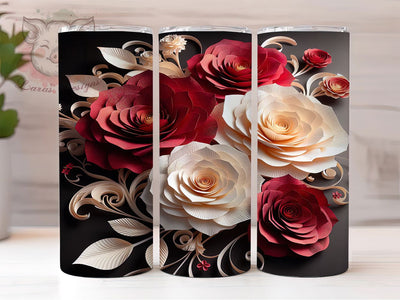 3D Red Rose Tumbler, Romantic Flowers, Seamless Pattern, Elegant Art, Whimsical Style, 20Oz Tumbler, Sublimation Wrap Sublimation Lara' s Designs 