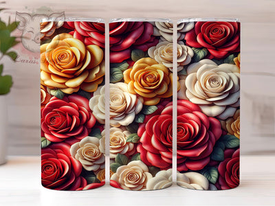 3D Red Yellow White Rose Tumbler, Red Yellow White, Seamless Pattern, Romantic Flowers, Elegant Art, 20Oz Tumbler, Sublimation Wrap Sublimation Lara' s Designs 