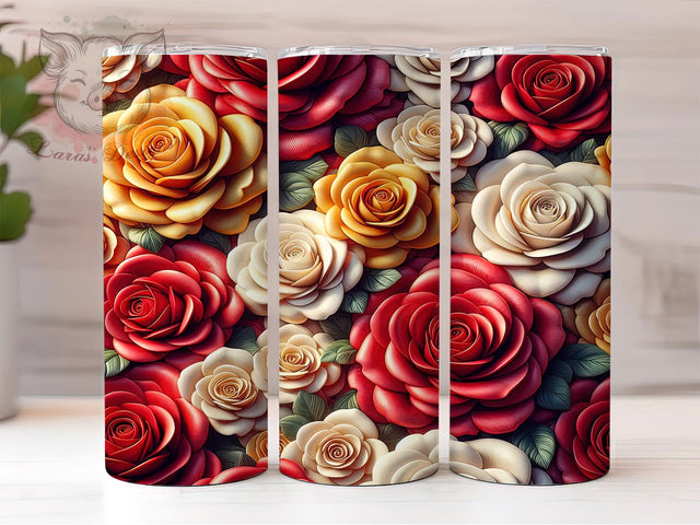 3D Red Yellow White Rose Tumbler, Red Yellow White, Seamless Pattern, Romantic Flowers, Elegant Art, 20Oz Tumbler, Sublimation Wrap Sublimation Lara' s Designs 