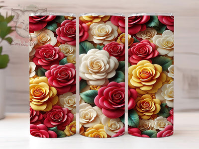 3D Red Yellow White Rose Tumbler, Red Yellow White, Seamless Pattern, Romantic Flowers, Elegant Art, 20Oz Tumbler, Sublimation Wrap Sublimation Lara' s Designs 