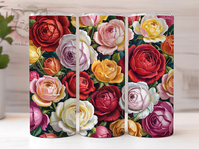 3D Red Yellow White Rose Tumbler, Red Yellow White, Seamless Pattern, Romantic Flowers, Elegant Art, 20Oz Tumbler, Sublimation Wrap Sublimation Lara' s Designs 