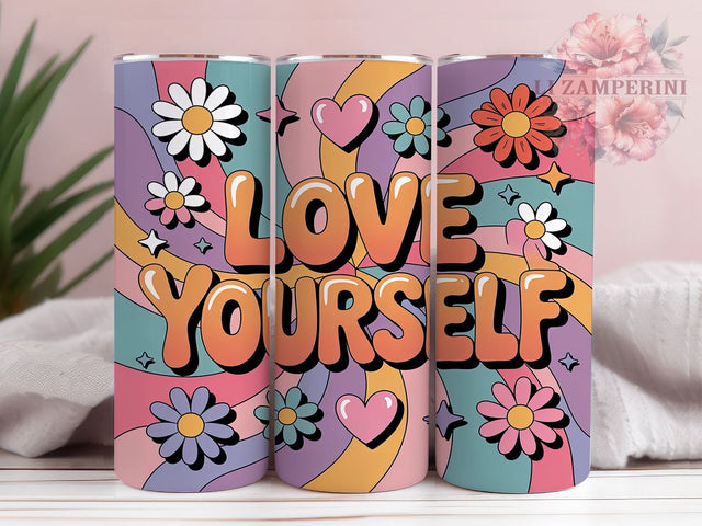 3D Retro Love Yourself Tumbler, Retro Puffy Wrap, Inflated 3D Design, Sublimation Cup, 20oz Skinny Tumbler, Positive Drinkware, Motivational Style Sublimation Li Zamperini 