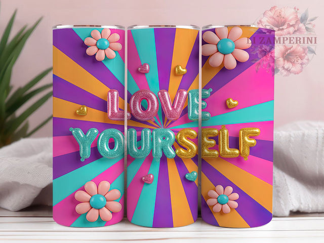 3D Retro Love Yourself Tumbler, Retro Puffy Wrap, Inflated 3D Design, Sublimation Cup, 20oz Skinny Tumbler, Positive Drinkware, Motivational Style Sublimation Li Zamperini 