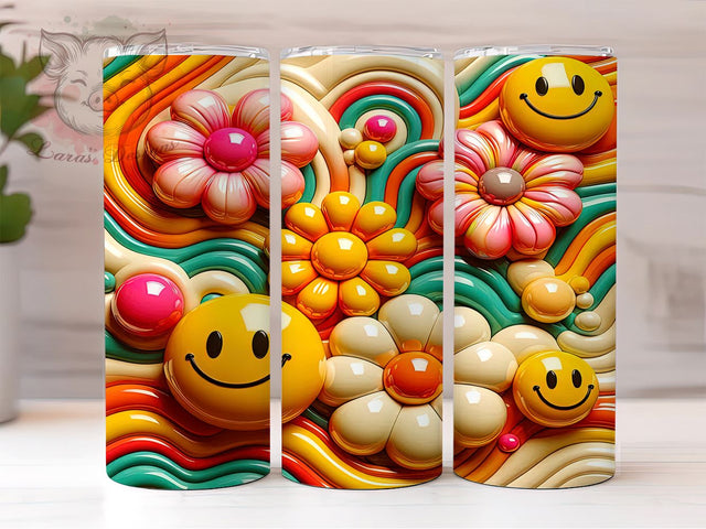 3D Retro Smiley Tumbler, Groovy Puffy Tumbler Wrap, 20oz Sublimation Design, Colorful Tumbler Art, Digital Download Tumbler, Funky Drinkware Design, Unique Gift Tumbler Sublimation Lara' s Designs 