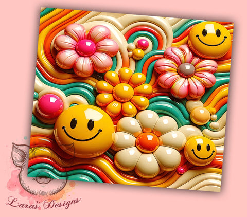 3D Retro Smiley Tumbler, Groovy Puffy Tumbler Wrap, 20oz Sublimation Design, Colorful Tumbler Art, Digital Download Tumbler, Funky Drinkware Design, Unique Gift Tumbler Sublimation Lara' s Designs 