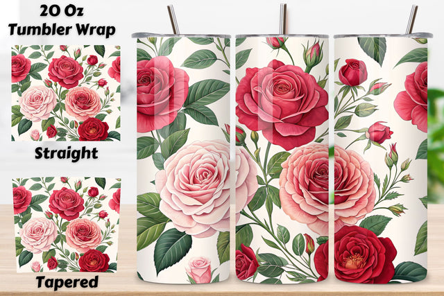 3D Romantic Floral Seamless Tumbler Wrap, Romantic Pink and Red Roses, seamless rose garden tumbler, romantic floral tumbler wrap, pink red rose design, watercolor rose tumbler wrap, 20oz skinny tumbler wrap Sublimation FloridPrintables 