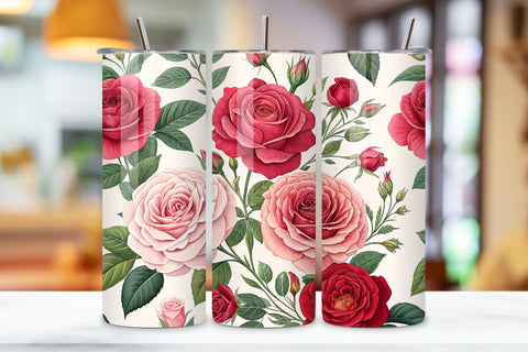 3D Romantic Floral Seamless Tumbler Wrap, Romantic Pink and Red Roses, seamless rose garden tumbler, romantic floral tumbler wrap, pink red rose design, watercolor rose tumbler wrap, 20oz skinny tumbler wrap Sublimation FloridPrintables 