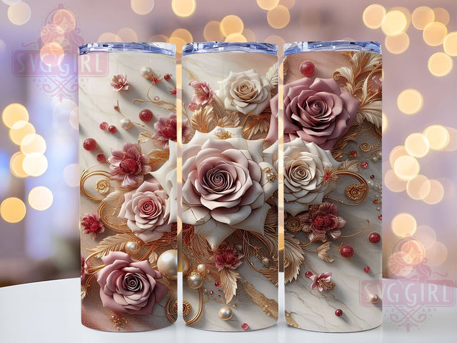 3D Romantic Red Roses Tumbler, 3D Floral Pattern, Romantic Rose Design, 20Oz Sublimation Wrap, Elegant Flower Art, Blooming Rose Texture, Tumbler Sublimation Sublimation SvggirlplusArt 